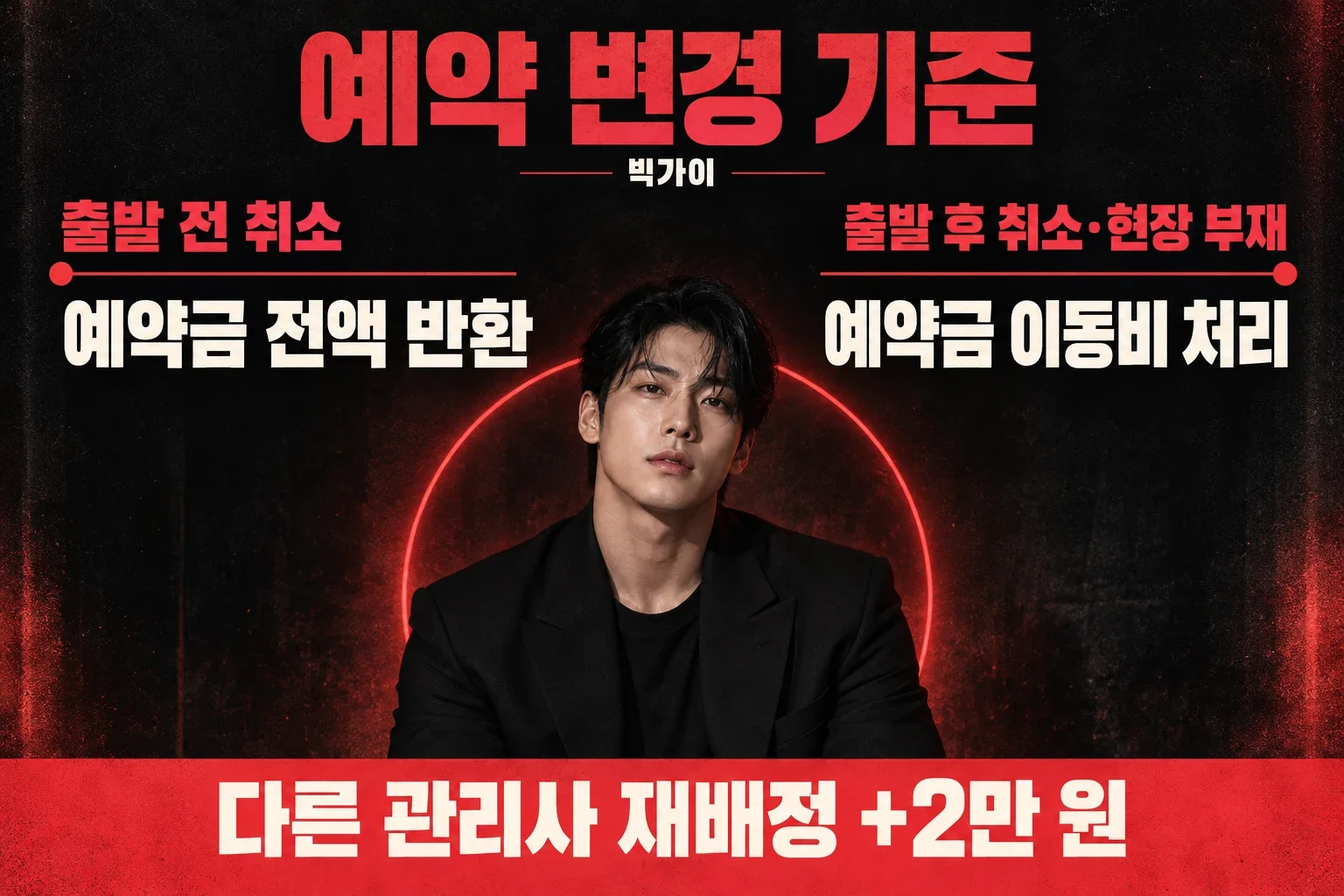 남성 모델 한 명과 출발 전후 취소, 예약금 처리, 다른 관리사 재배정 2만 원 안내