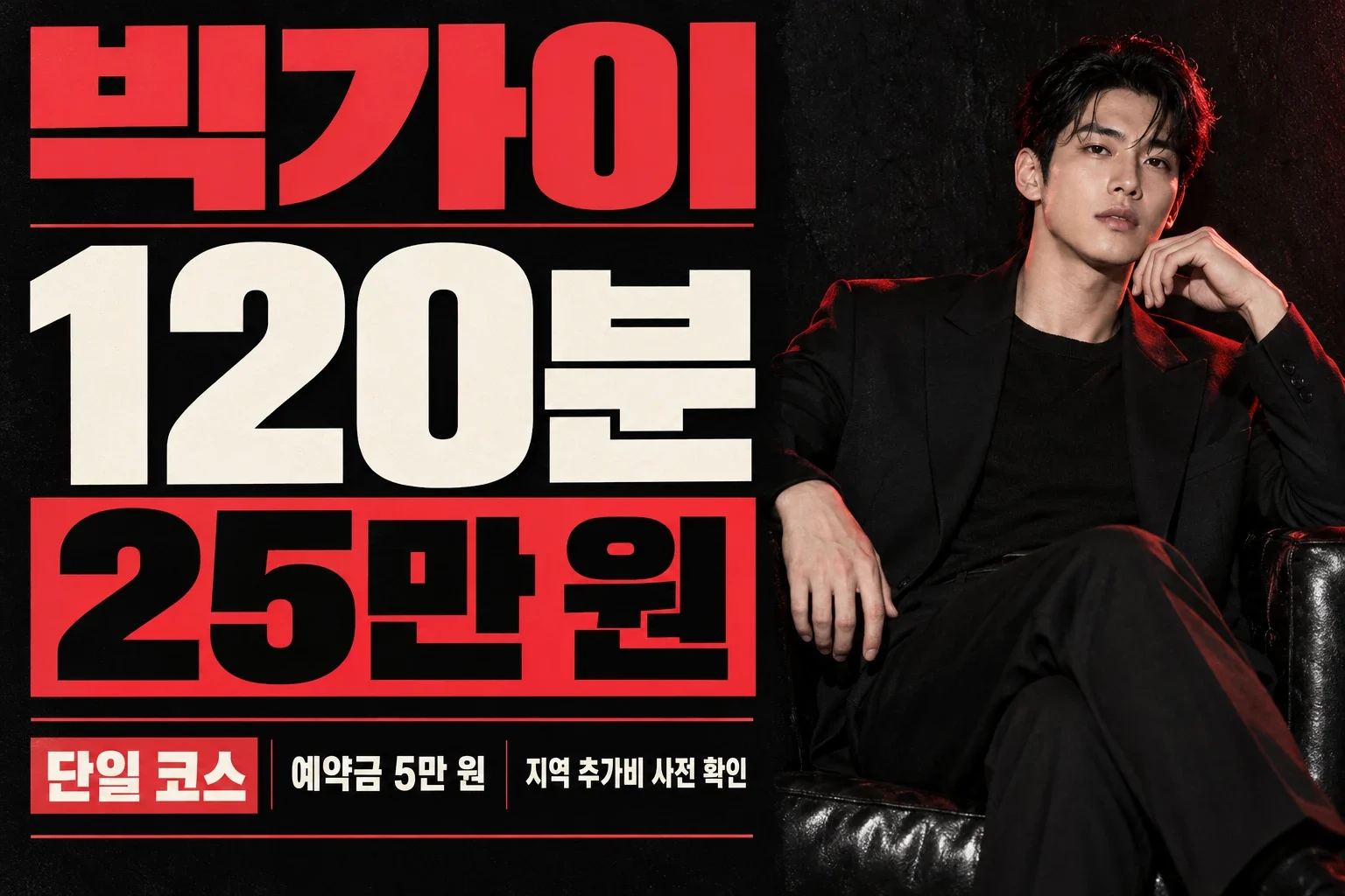 남성 모델 한 명과 120분 25만 원 단일 코스, 예약금 5만 원을 보여 주는 빅가이 가격 안내