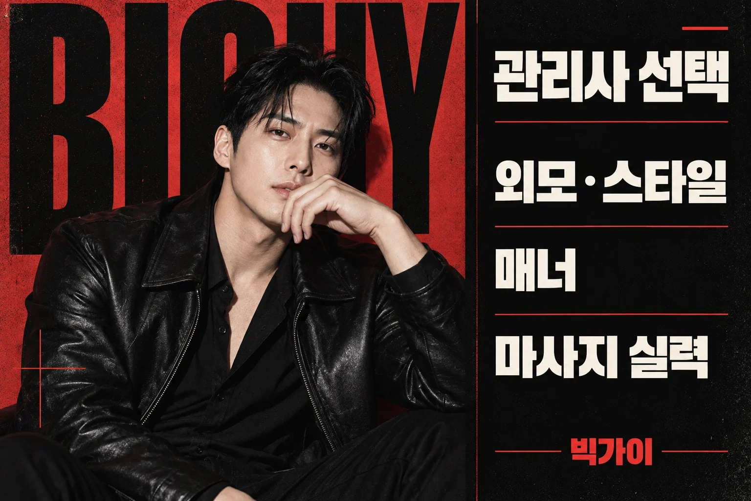 남성 모델 한 명과 외모·스타일, 매너, 마사지 실력의 선택 기준을 담은 빅가이 이미지