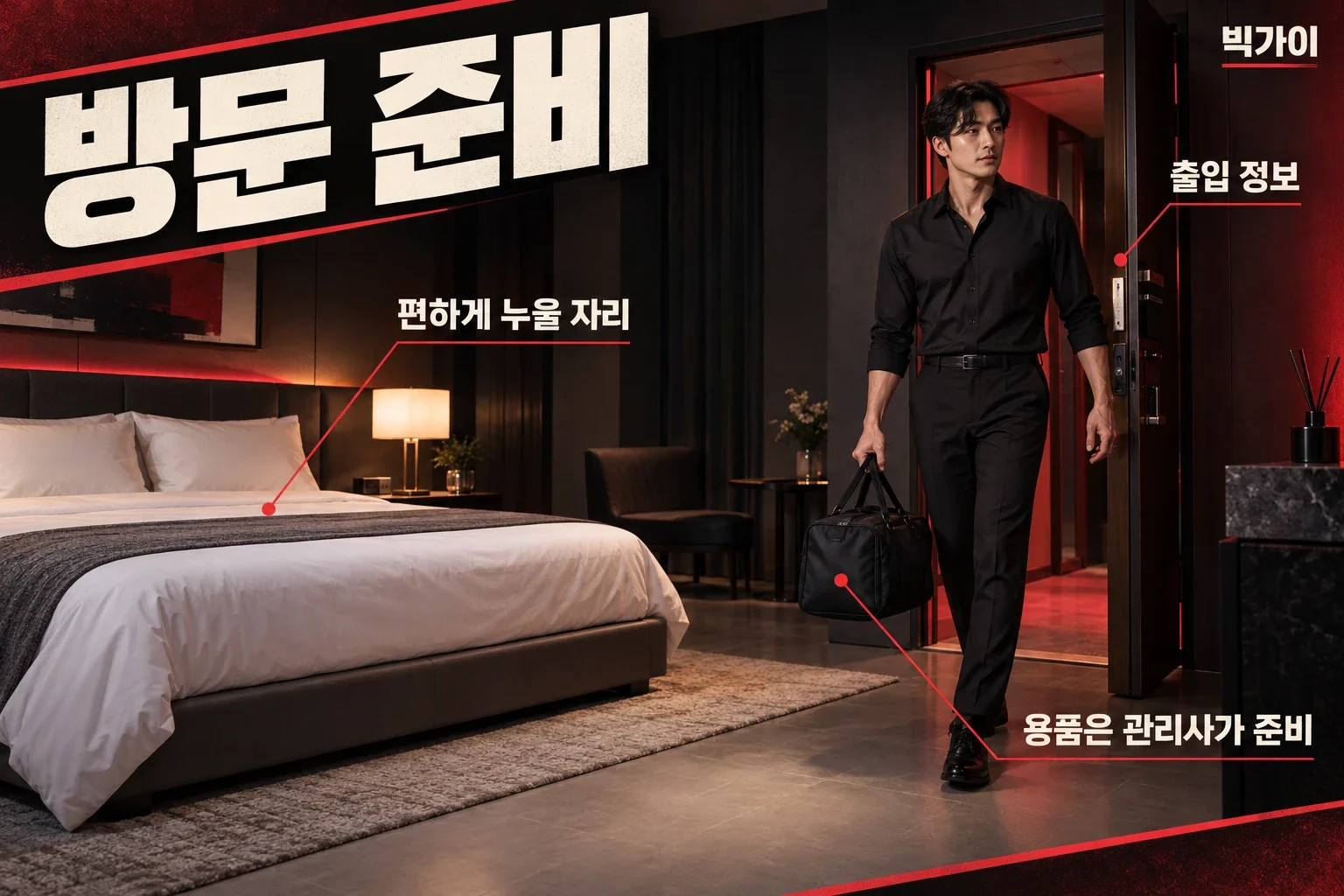 남성 모델이 용품 가방을 들고 숙소에 들어오는 장면과 누울 자리·출입 정보 안내